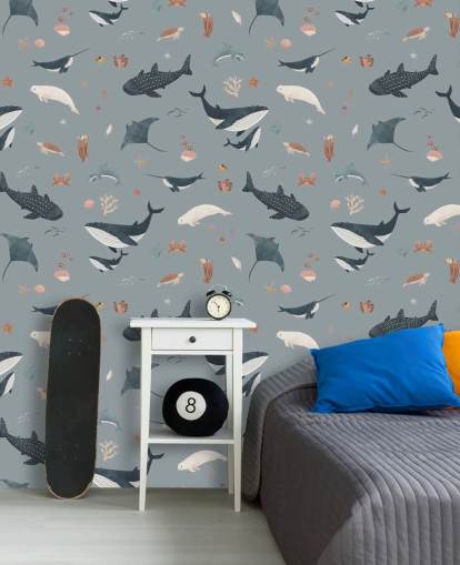 blaue Meeresleben-Tapete für Kinder mit dem Titel Blue Splendid Sea von Kikki Belle für Kinderzimmer