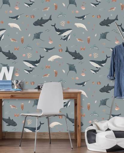 blaue Meeresleben-Tapete für Kinder mit dem Titel Blue Splendid Sea von Kikki Belle für Kinderzimmer