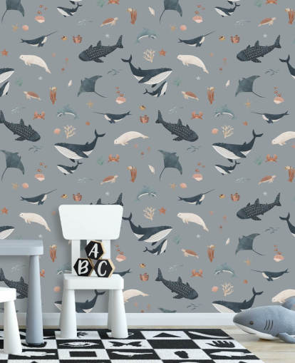 mural azul de papel pintado de vida marina para niños llamado Blue Splendid Sea de Kikki Belle para dormitorios infantiles