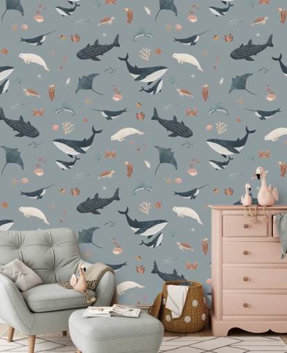 blue children's sea life wallpaper mural called Blue Splendid Sea by Kikki Belle for children's bedrooms