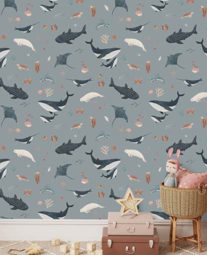 carta da parati murale blu per bambini chiamata Blue Splendid Sea di Kikki Belle per camerette per bambini