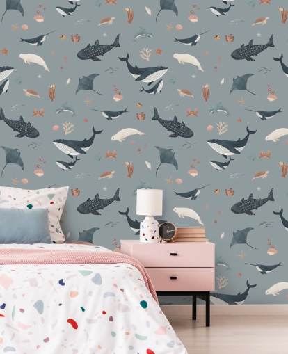 mural azul de papel de parede infantil de vida marinha chamado Blue Splendid Sea de Kikki Belle para quartos infantis