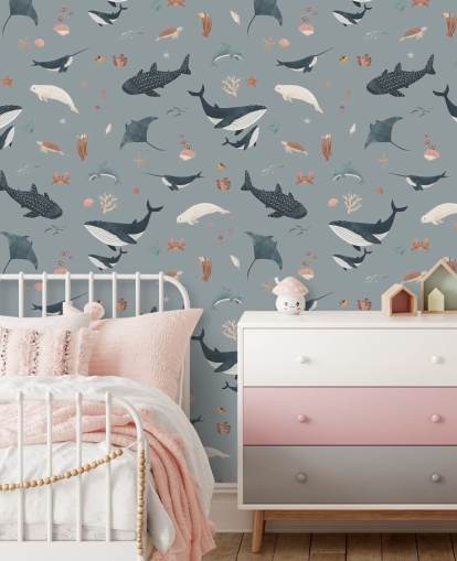 carta da parati murale blu per bambini chiamata Blue Splendid Sea di Kikki Belle per camerette per bambini