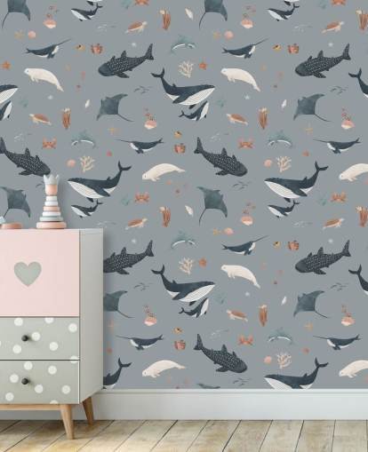 mural azul de papel pintado de vida marina para niños llamado Blue Splendid Sea de Kikki Belle para dormitorios infantiles