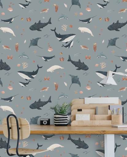 mural azul de papel de parede infantil de vida marinha chamado Blue Splendid Sea de Kikki Belle para quartos infantis mural azul de papel de parede infantil de vida marinha chamado Blue Splendid Sea de Kikki Belle para quartos infantis