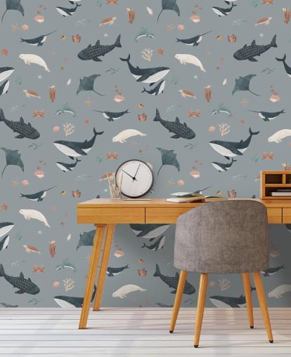blue children's sea life wallpaper mural called Blue Splendid Sea by Kikki Belle for children's bedrooms blue children's sea life wallpaper mural called Blue Splendid Sea by Kikki Belle for children's bedrooms
