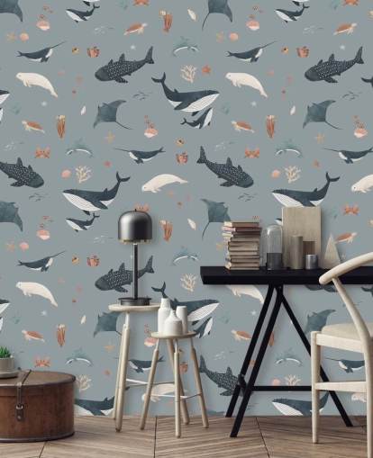 blue children's sea life wallpaper mural called Blue Splendid Sea by Kikki Belle for children's bedrooms