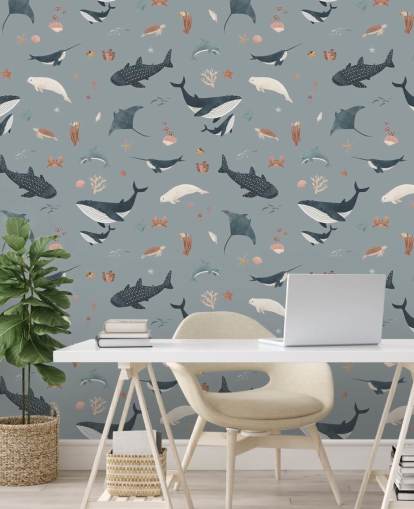 blue children's sea life wallpaper mural called Blue Splendid Sea by Kikki Belle for children's bedrooms