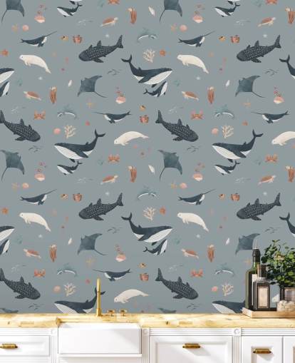 blue children's sea life wallpaper mural called Blue Splendid Sea by Kikki Belle for children's bedrooms