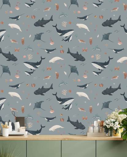 blue children's sea life wallpaper mural called Blue Splendid Sea by Kikki Belle for children's bedrooms