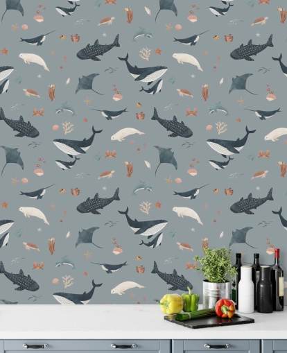 blue children's sea life wallpaper mural called Blue Splendid Sea by Kikki Belle for children's bedrooms blue children's sea life wallpaper mural called Blue Splendid Sea by Kikki Belle for children's bedrooms