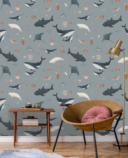 blue children's sea life wallpaper mural called Blue Splendid Sea by Kikki Belle for children's bedrooms blue children's sea life wallpaper mural called Blue Splendid Sea by Kikki Belle for children's bedrooms