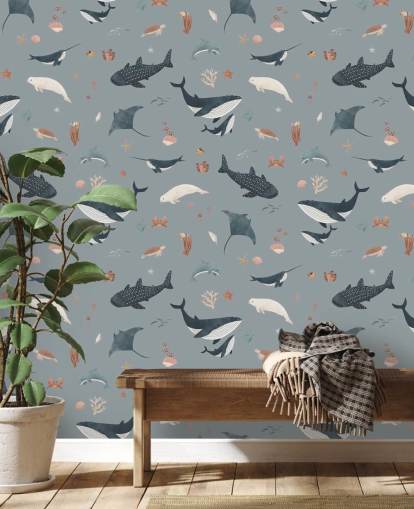 blue children's sea life wallpaper mural called Blue Splendid Sea by Kikki Belle for children's bedrooms