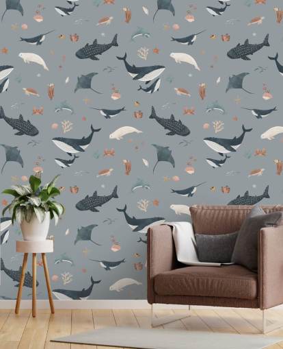blue children's sea life wallpaper mural called Blue Splendid Sea by Kikki Belle for children's bedrooms blue children's sea life wallpaper mural called Blue Splendid Sea by Kikki Belle for children's bedrooms