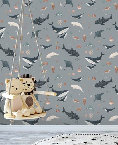 mural azul de papel de parede infantil de vida marinha chamado Blue Splendid Sea de Kikki Belle para quartos infantis