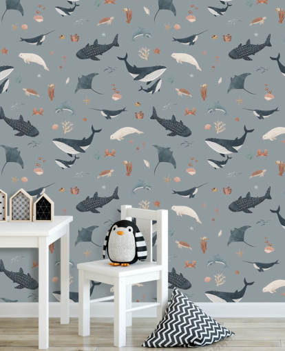 blue children's sea life wallpaper mural called Blue Splendid Sea by Kikki Belle for children's bedrooms