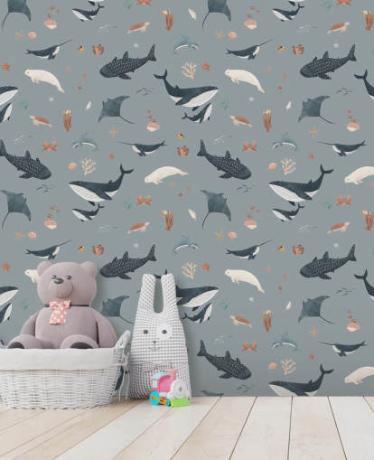papier peint mural bleu pour enfants appelé Blue Splendid Sea par Kikki Belle pour les chambres d'enfants
