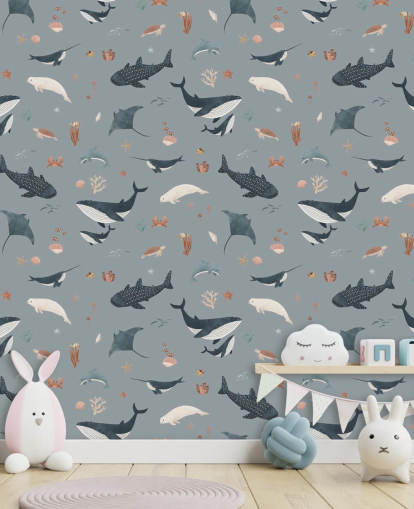 blue children's sea life wallpaper mural called Blue Splendid Sea by Kikki Belle for children's bedrooms blue children's sea life wallpaper mural called Blue Splendid Sea by Kikki Belle for children's bedrooms