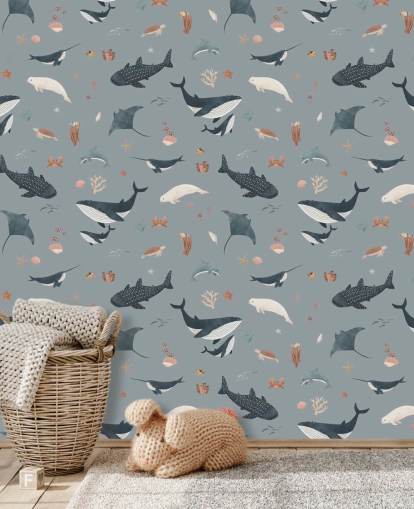 mural azul de papel pintado de vida marina para niños llamado Blue Splendid Sea de Kikki Belle para dormitorios infantiles