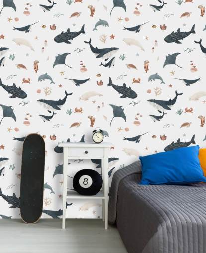 mural de papel de parede marinho infantil branco e azul chamado White Splendid Sea de Kikki Belle para quarto de criança