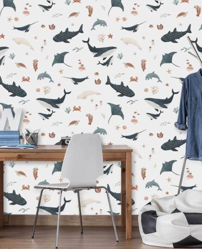 weiße und blaue Meertapete für Kinder mit dem Titel White Splendid Sea von Kikki Belle für das Kinderzimmer