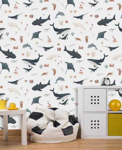 papier peint mural blanc et bleu sur la mer pour enfants appelé White Splendid Sea par Kikki Belle pour chambre d'enfant papier peint mural blanc et bleu sur la mer pour enfants appelé White Splendid Sea par Kikki Belle pour chambre d'enfant