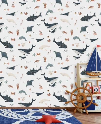 vit och blå barns havstapetväggmålning kallad White Splendid Sea av Kikki Belle för barnets sovrum