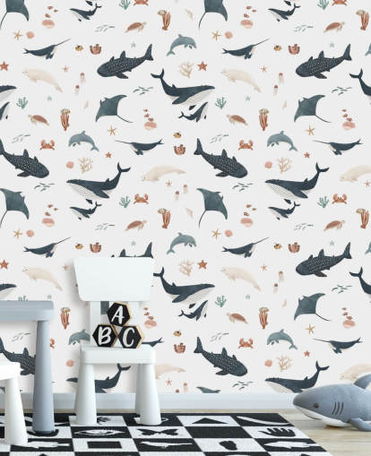 white and blue children's sea wallpaper mural called White Splendid Sea by Kikki Belle for child's bedroom