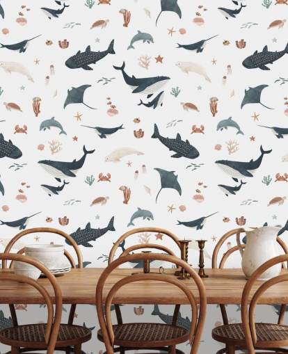 white and blue children's sea wallpaper mural called White Splendid Sea by Kikki Belle for child's bedroom white and blue children's sea wallpaper mural called White Splendid Sea by Kikki Belle for child's bedroom