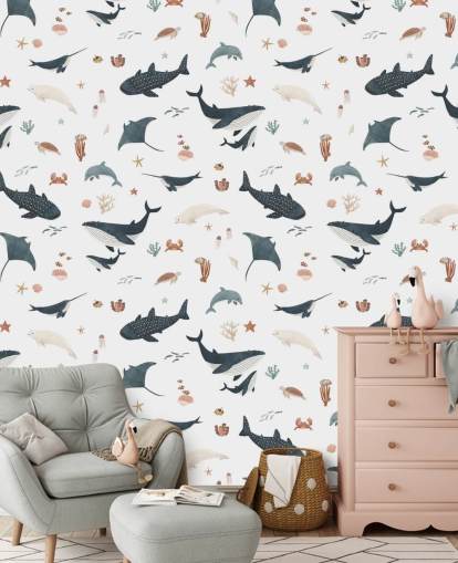 carta da parati murale bianca e blu con mare per bambini chiamata White Splendid Sea di Kikki Belle per la cameretta dei bambini