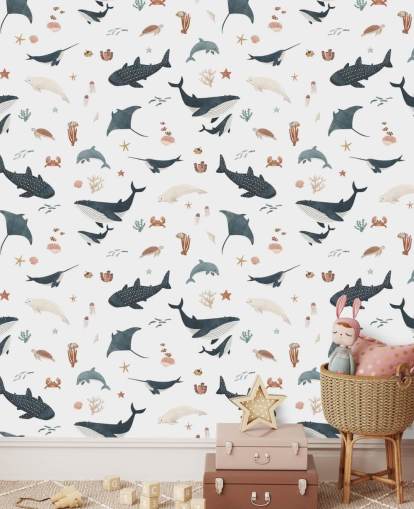 hvitt og blått barnas sjøtapet veggmaleri kalt White Splendid Sea av Kikki Belle for barnas soverom