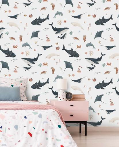 witte en blauwe kindermuurschildering op zee genaamd White Splendid Sea van Kikki Belle voor de kinderkamer witte en blauwe kindermuurschildering op zee genaamd White Splendid Sea van Kikki Belle voor de kinderkamer