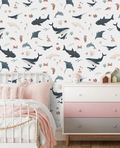 hvitt og blått barnas sjøtapet veggmaleri kalt White Splendid Sea av Kikki Belle for barnas soverom