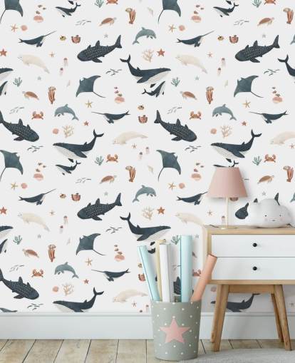 white and blue children's sea wallpaper mural called White Splendid Sea by Kikki Belle for child's bedroom white and blue children's sea wallpaper mural called White Splendid Sea by Kikki Belle for child's bedroom
