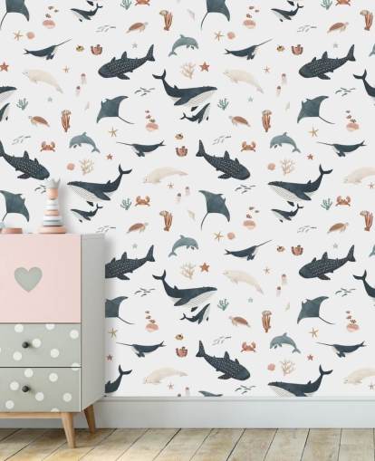 white and blue children's sea wallpaper mural called White Splendid Sea by Kikki Belle for child's bedroom