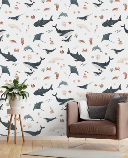 white and blue children's sea wallpaper mural called White Splendid Sea by Kikki Belle for child's bedroom white and blue children's sea wallpaper mural called White Splendid Sea by Kikki Belle for child's bedroom