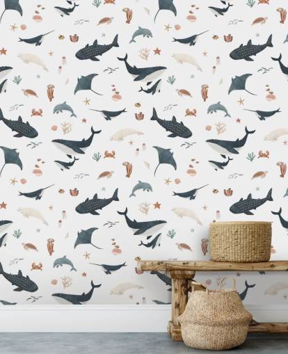 weiße und blaue Meertapete für Kinder mit dem Titel White Splendid Sea von Kikki Belle für das Kinderzimmer