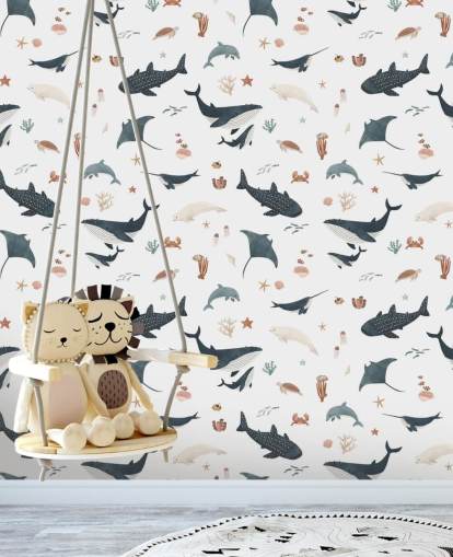 white and blue children's sea wallpaper mural called White Splendid Sea by Kikki Belle for child's bedroom white and blue children's sea wallpaper mural called White Splendid Sea by Kikki Belle for child's bedroom
