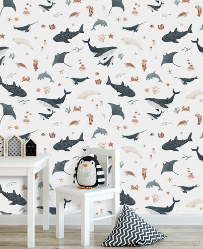 papier peint mural blanc et bleu sur la mer pour enfants appelé White Splendid Sea par Kikki Belle pour chambre d'enfant