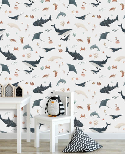 vit och blå barns havstapetväggmålning kallad White Splendid Sea av Kikki Belle för barnets sovrum