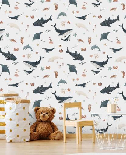 weiße und blaue Meertapete für Kinder mit dem Titel White Splendid Sea von Kikki Belle für das Kinderzimmer