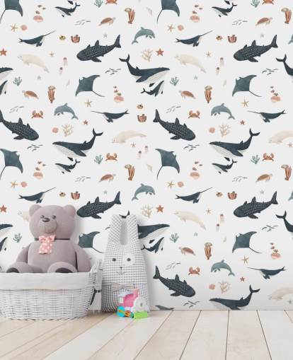 papier peint mural blanc et bleu sur la mer pour enfants appelé White Splendid Sea par Kikki Belle pour chambre d'enfant