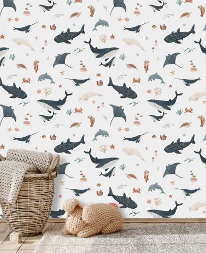 papier peint mural blanc et bleu sur la mer pour enfants appelé White Splendid Sea par Kikki Belle pour chambre d'enfant