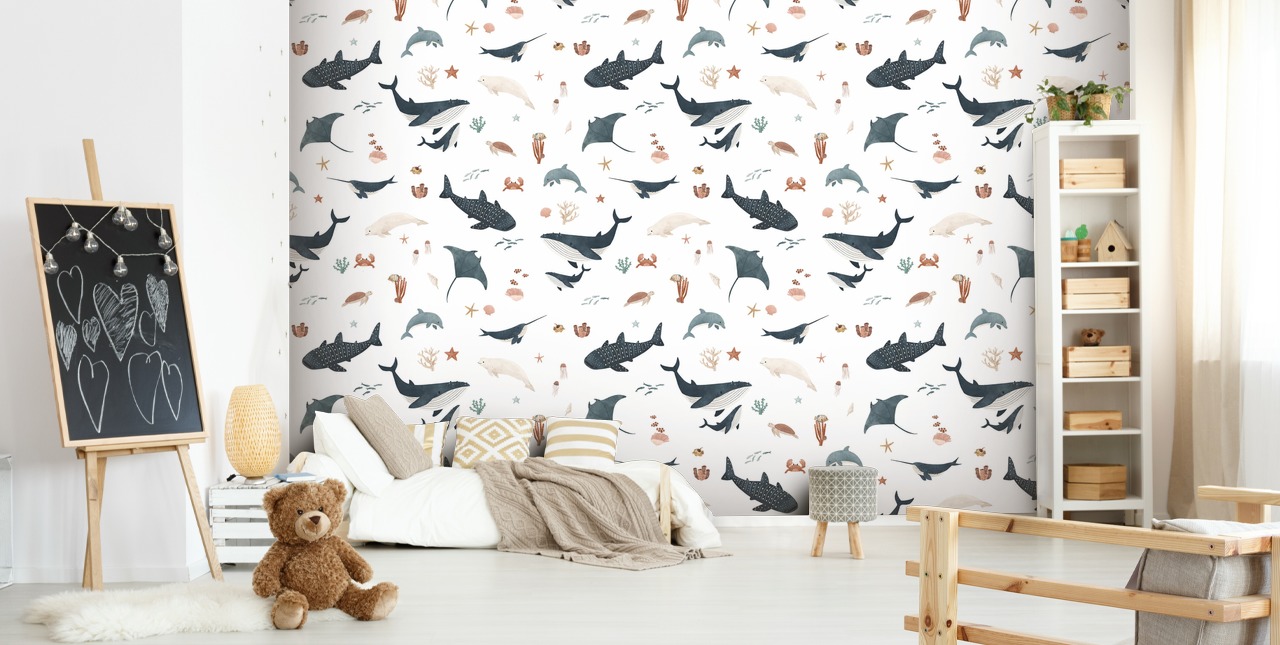 weiße und blaue Meertapete für Kinder mit dem Titel White Splendid Sea von Kikki Belle für das Kinderzimmer