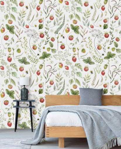 mural de papel de parede vermelho e verde Kikki Belle chamado Strawberry Hill para creches, cozinhas e salas de jogos mural de papel de parede vermelho e verde Kikki Belle chamado Strawberry Hill para creches, cozinhas e salas de jogos
