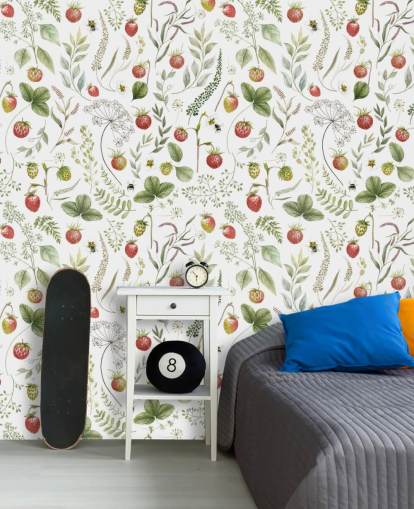 red and green Kikki Belle wallpaper mural called Strawberry Hill for nurseries, kitchens and playrooms
