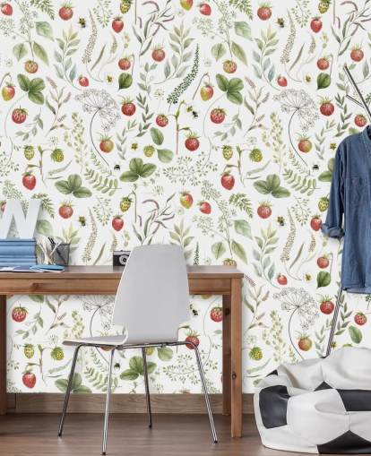 mural de papel de parede vermelho e verde Kikki Belle chamado Strawberry Hill para creches, cozinhas e salas de jogos mural de papel de parede vermelho e verde Kikki Belle chamado Strawberry Hill para creches, cozinhas e salas de jogos