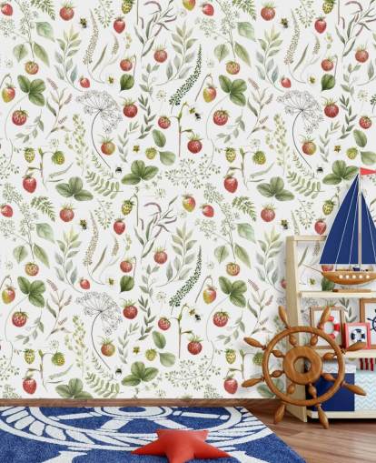 mural de papel pintado rojo y verde de Kikki Belle llamado Strawberry Hill para guarderías, cocinas y salas de juegos mural de papel pintado rojo y verde de Kikki Belle llamado Strawberry Hill para guarderías, cocinas y salas de juegos