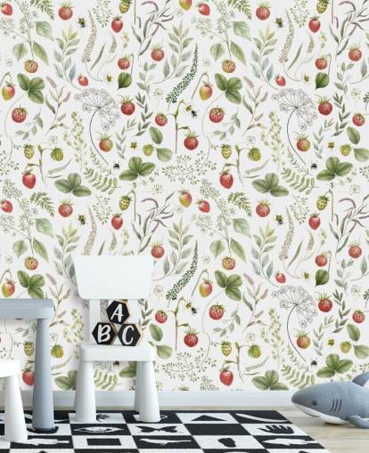 red and green Kikki Belle wallpaper mural called Strawberry Hill for nurseries, kitchens and playrooms red and green Kikki Belle wallpaper mural called Strawberry Hill for nurseries, kitchens and playrooms