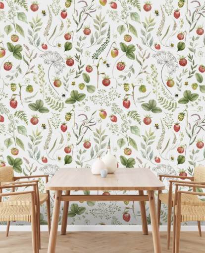 rød og grøn Kikki Belle tapetmaleri kaldet Strawberry Hill til planteskoler, køkkener og legerum rød og grøn Kikki Belle tapetmaleri kaldet Strawberry Hill til planteskoler, køkkener og legerum